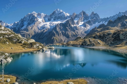 Serene Alpine Lake and Snowcapped Peaks  Panoramic Landscape