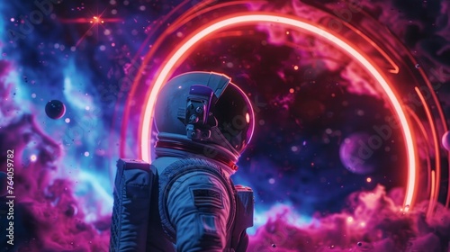 astronaut in a suit observing a neon portal