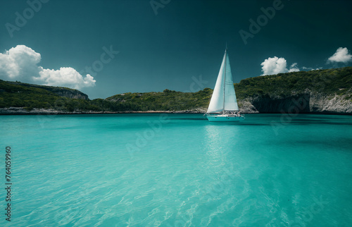 a sailboat is sailing in the blue water of a lagoon with a mountain in the background and clouds in the sky