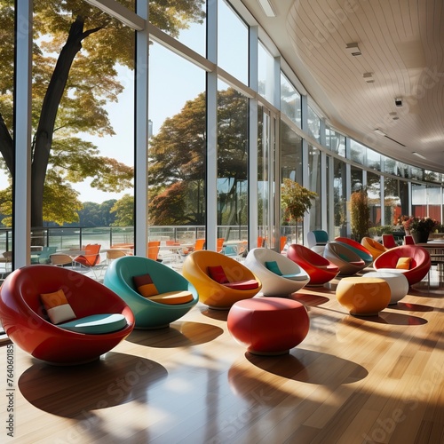 A colorful library with colorful cushions and bookshelves. iInterior Design photo