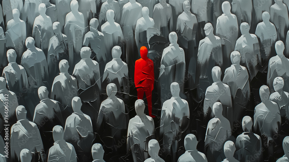 Obraz premium Stand Out: A Red Figure Amidst a Crowd of White