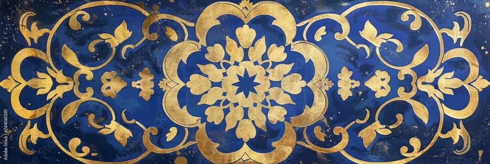 Intricate Stencil Background Pattern of an Arabesque Tile in Royal Blue and Gold created with Generative AI Technology