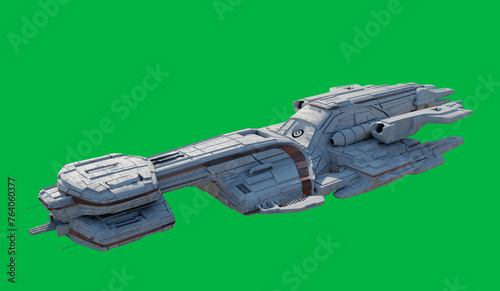 Large Battle Cruiser Spaceship with White and Orange Colour Scheme Isolated on a Green Screen Background - Side View, 3d digitally rendered science fiction illustration