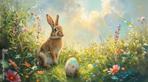 Easter Bunny peeking around a colorful egg in a sunlit meadow, vibrant flowers bloom