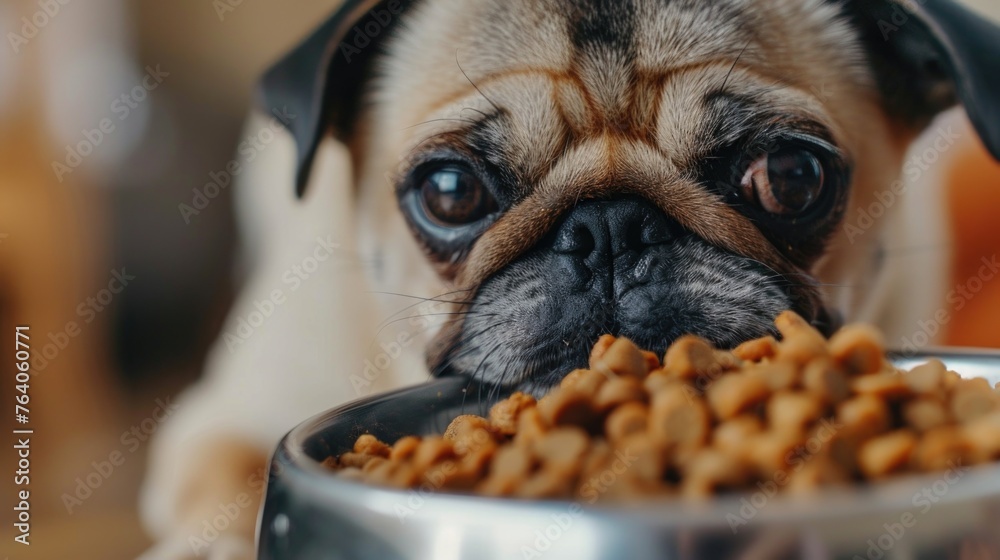 Cute pug and bowl of food on the floor at home