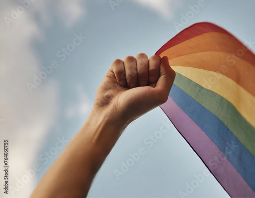 Detalhe da mão de uma pessoa segurando a bandeira de tecido com as cores do arco-íris, símbolo da comunidade lgbt. Céu ao fundo.