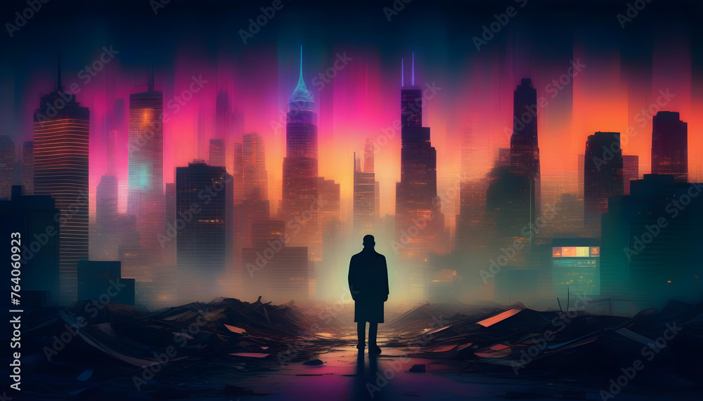 A person standing in a glitchy, neon-lit landscape in a vintage photograph style A person standing in a glitchy, neon-lit landscape in a vintage photograph style