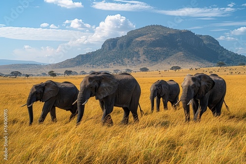 A herd of African elephants roams the savannah, representing the majestic landscapes and wildlife of wild Africa. © Andrii Zastrozhnov