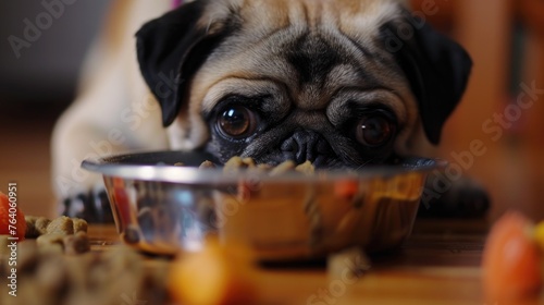 Cute pug and bowl of food on the floor at home © Дмитрий Баронин