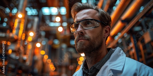A thoughtful, confident engineer with a beard and glasses, wearing a professional uniform in a factory.