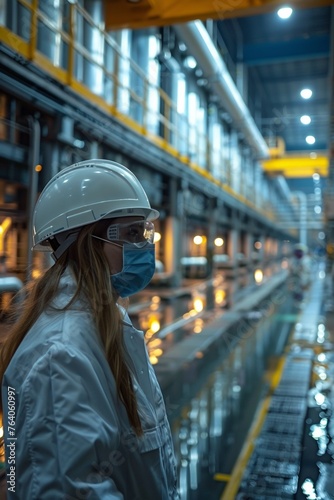 A female engineer in protective gear overseeing production in a modern industrial factory setting.