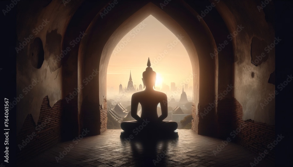 Silhouette of Meditating Buddha in Ancient Temple at Dawn - obrazy, fototapety, plakaty 