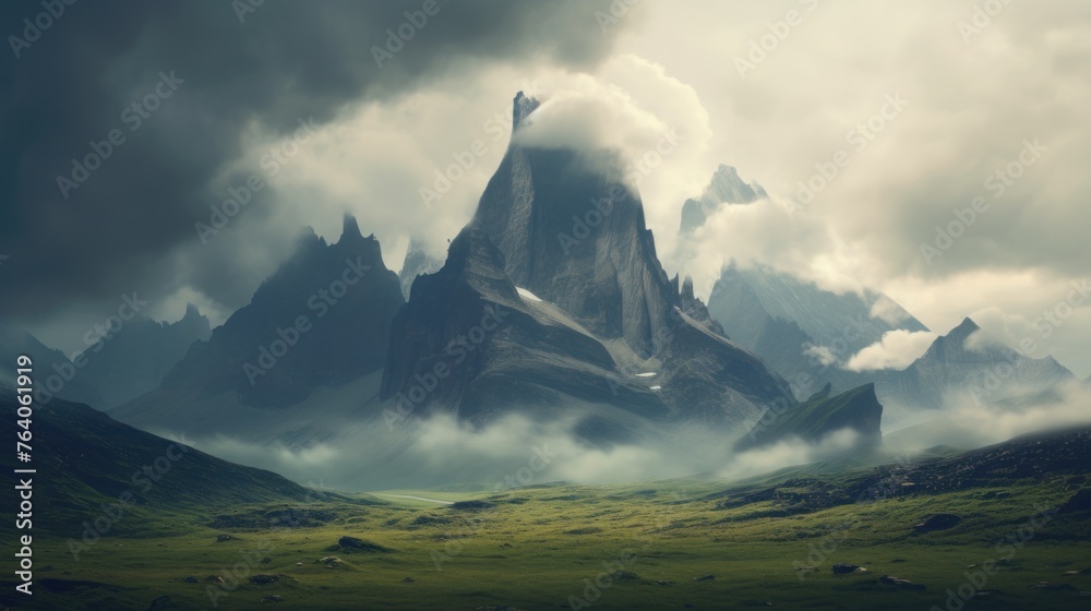 A stunning image of a futuristic landscape featuring towering mountains and ethereal clouds blending in perfect harmony. - obrazy, fototapety, plakaty 