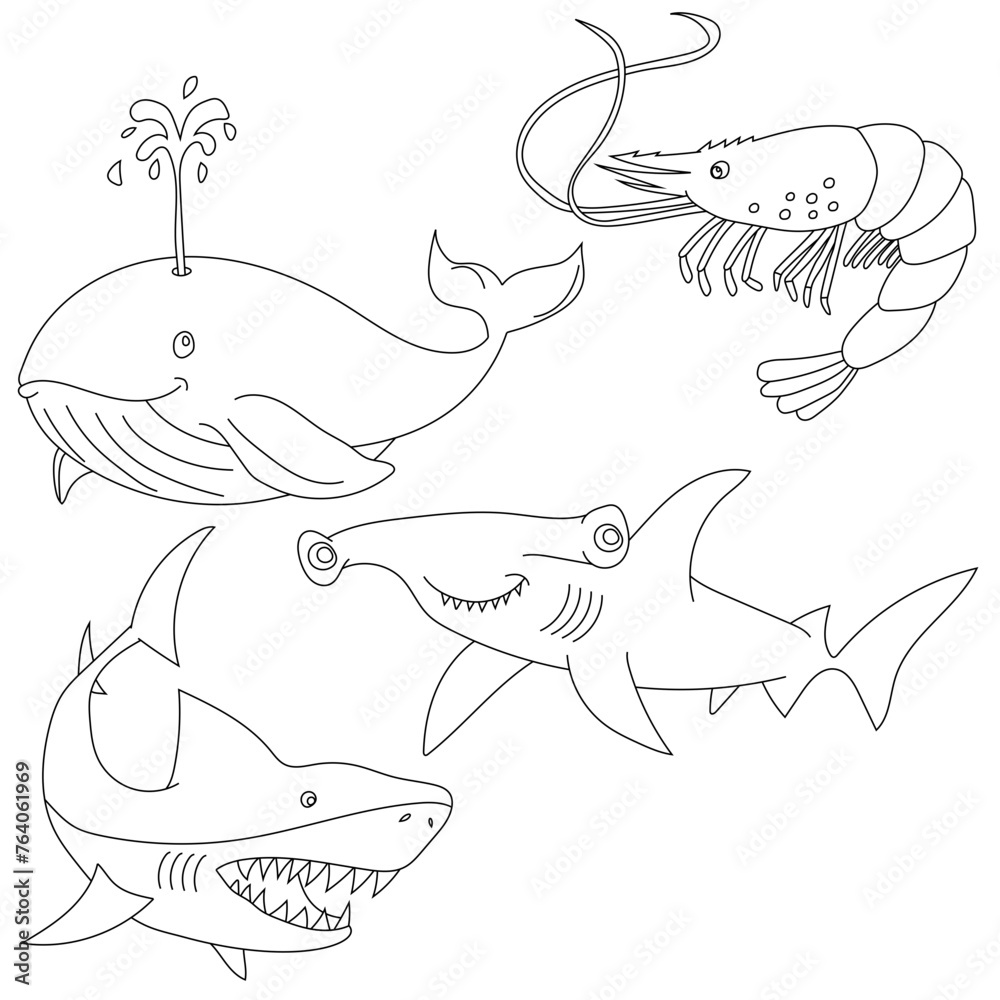 Fototapeta premium Outline Aquatic Animals Clipart Set. shark, whale, shrimp