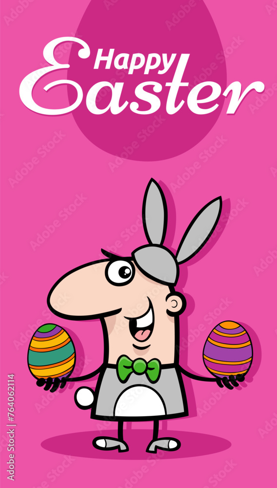 cartoon man in bunny costume with Easter eggs greeting card cartoon man in bunny costume with Easter eggs greeting card