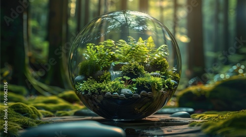 In the dense forest, there is an indoor terrarium that has moss and waterfalls inside it. The glass ball holds various small plants and rocks. Generative AI.