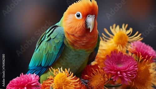 Vibrant colorful parrot sitting on tree branch with copy space in tropical rainforest habitat