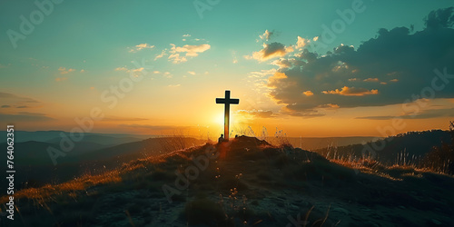 Religious cross stands tall against a vibrant sunset symbolizing faith hope and divine connection.AI Generative 