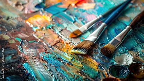 A vivid, textured display of an artist's brushes lying on a rainbow of colors on an abstract painting