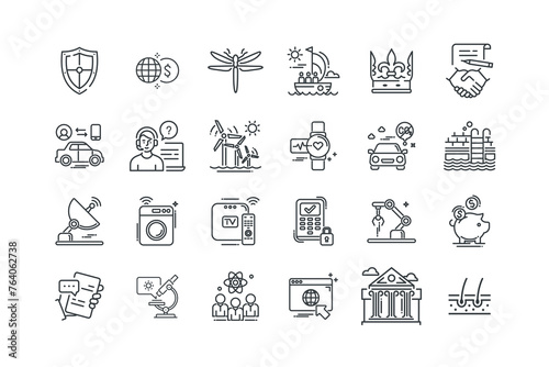 Call center,Chat,communication,Connected car,Contract,Crown,Development,Dragonfly,Gobal business,Internet,Knowledge worker,Microscope,Piggy bank,Robotics,Security panel,set icons, vector illustration photo