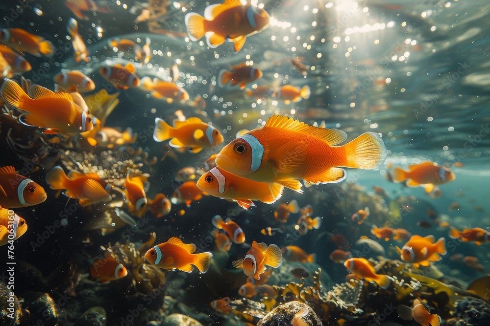 Fototapeta premium A school of bright orange clownfish flutters among underwater bubbles as sunlight floods the ocean depths, highlighting the marine life's vivid colors