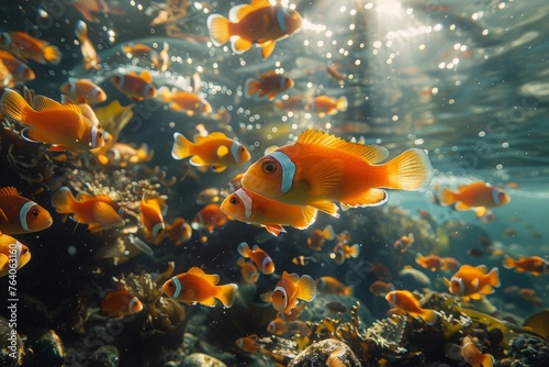 A school of bright orange clownfish flutters among underwater bubbles as sunlight floods the ocean depths, highlighting the marine life's vivid colors