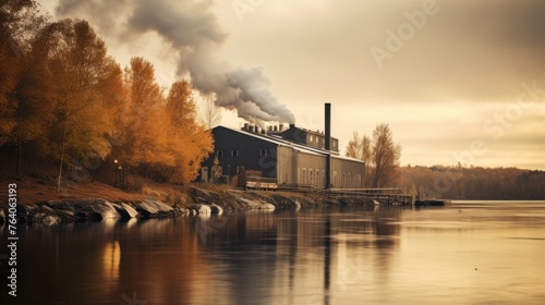 Industrial landscape with smoking chimneys on the bank of the river, Abandoned factory in the middle of the river