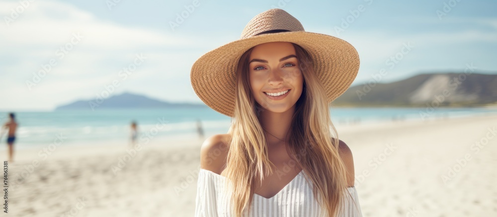 Capture of a woman wearing a hat standing on the sand at the beach with other people visible in the background