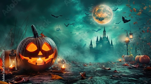 Halloween-themed background with spooky elements, pumpkins, and a haunting atmosphere


