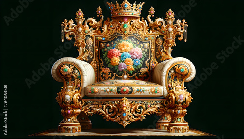 Opulent Baroque Throne with Ornate Gold Detailing, Generative AI