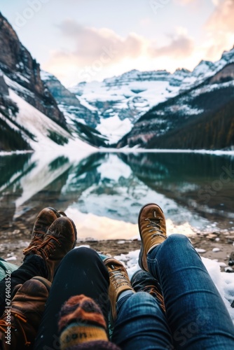 Legs in sturdy boots and warm socks stretched out enjoying the view of a snowy mountain and a reflective lake