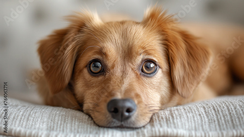 Close-up Cute spaniel puppy sleeps on a bed at home