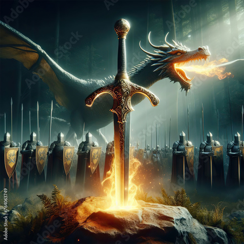 Excalibur. The mythical sword in the stone. Knights of the round table and dragon splitting flames.