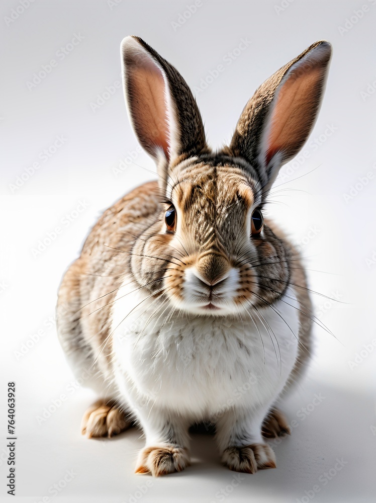 Close-up of a brown and white rabbit with large, upright ears