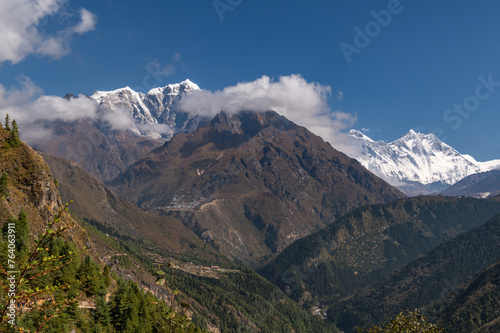 View of Cholatse, Tabuche, Nuptse, Everest, Lhotse mountains during trekking in Nepal in a clear day. EBC or Three passes trek in Nepal. Mountain range Himalayas in Khumbu, Nepal, Asia
