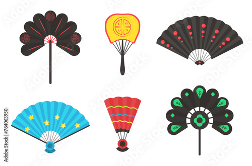 Fans. Colorful hand drawn traditional fans isolated on white background  paper folding vector fans