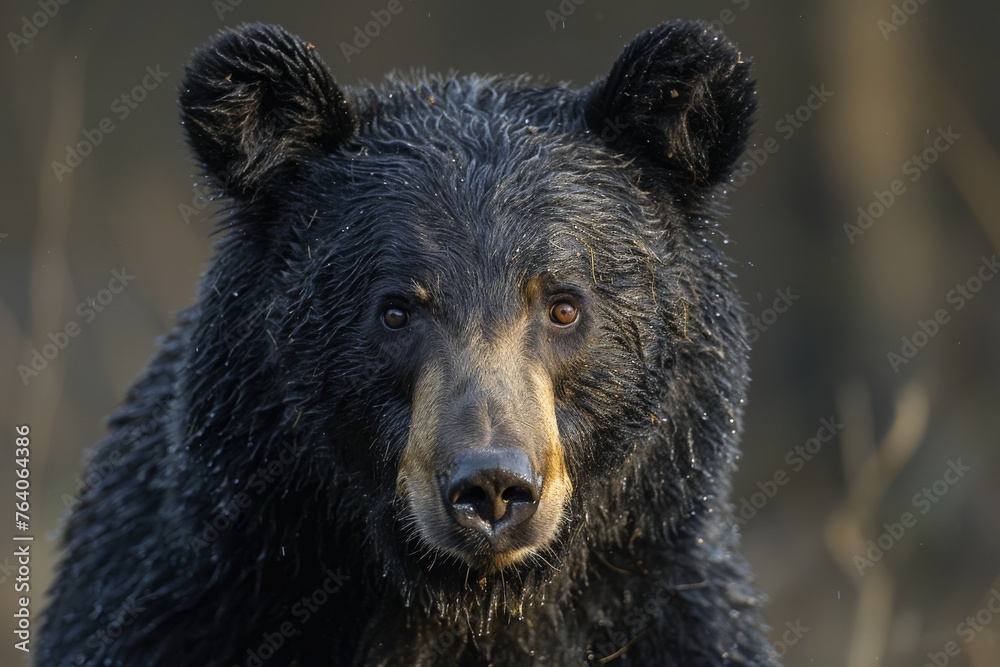 The penetrating eyes of this black bear, with wet fur glistening, exude a sense of vigilance and adaptability in the wild The penetrating eyes of this black bear, with wet fur glistening, exude a sense of vigilance and adaptability in the wild