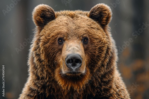 On a rainy day, this brown bear's intense and powerful stare captures the resilience of wildlife amidst the elements