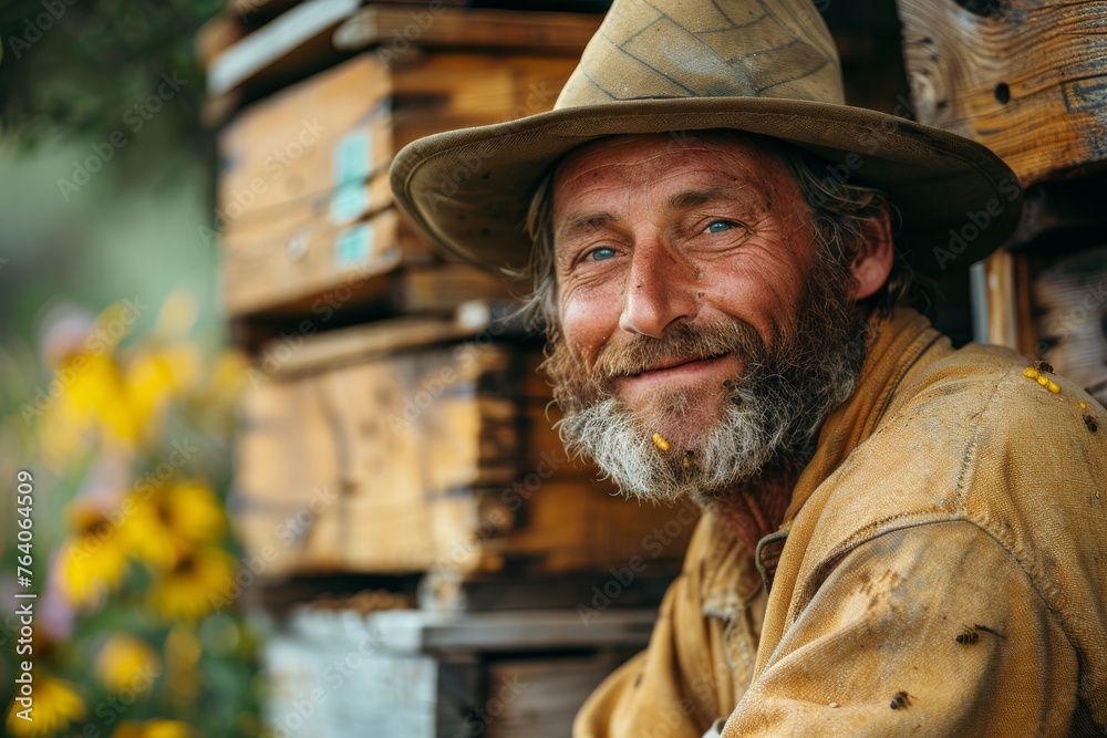 Happy beekeeper wearing protective clothing by his colorful bee colonies in a summer setting