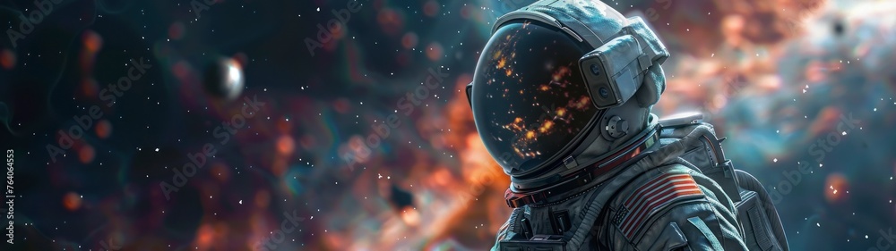 panoramic 32.9 astronaut with suit looking at space full of stars and galaxies floating in space in high resolution and high quality HD - obrazy, fototapety, plakaty 