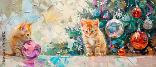 Oil painting for Christmas cards. A kitten watches glass balls under the tree. A glowing Christmas tree glows in the dark. Festive evening mood.
