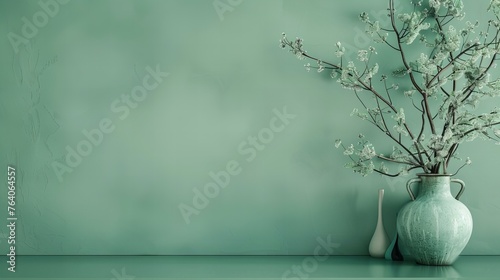 celadon and green floral background with flowers in vase, presentation wallpaper with copy space photo