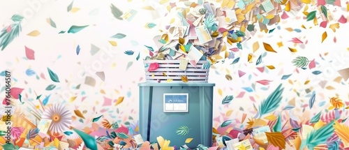 A large office floor shredder filled with cut paper and a basket for recycling paper waste on a white background. Recycling bins with signs of recycling. Cartoon modern illustration.