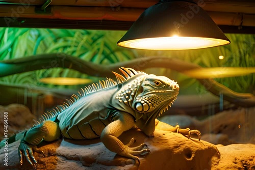 iguana basking under a lamp on a rock in a large glass vivarium