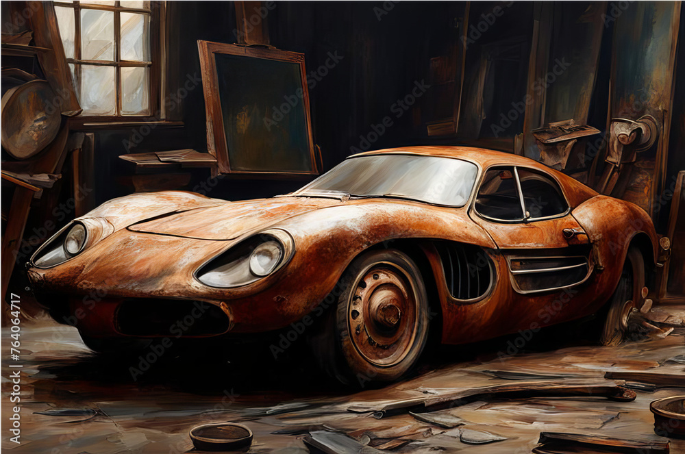 An old rusty car. AI