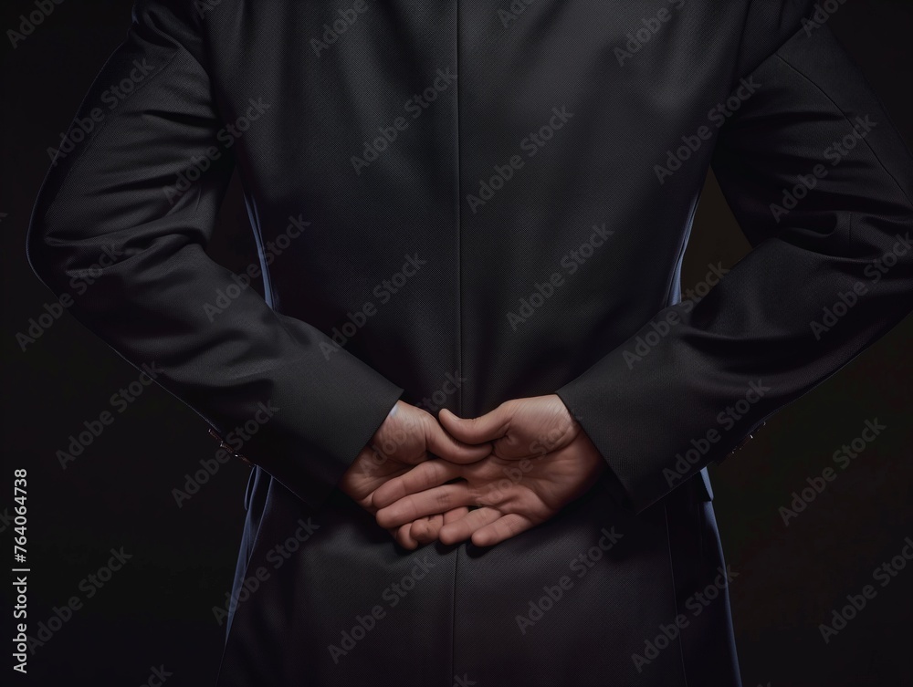 Close-up of a man in a suit with hands behind back, denoting confidence or secrecy. - obrazy, fototapety, plakaty 