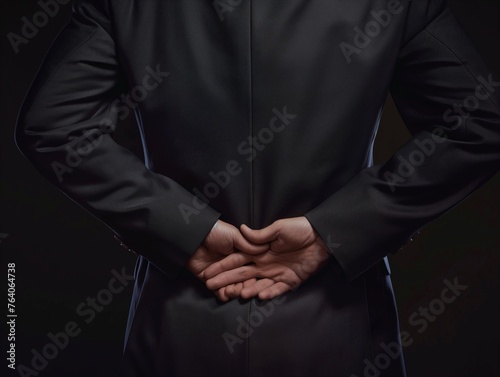 Close-up of a man in a suit with hands behind back, denoting confidence or secrecy.