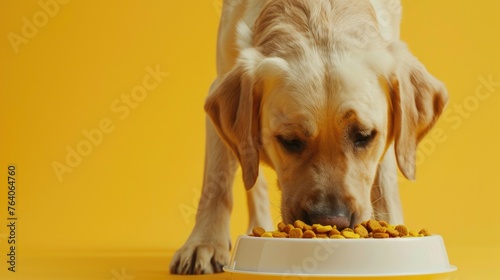 Lobrador eats food from a bowl on a yellow background