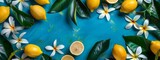 Pattern with lemon fruits and white flowers on blue background. Floral backdrop with tropical citrus. Summer or spring tropical card, banner, poster