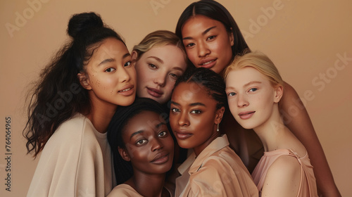 group of beautiful multicultural woman with perfect skin in front of beige studio background. Skin care treatment advertisement
